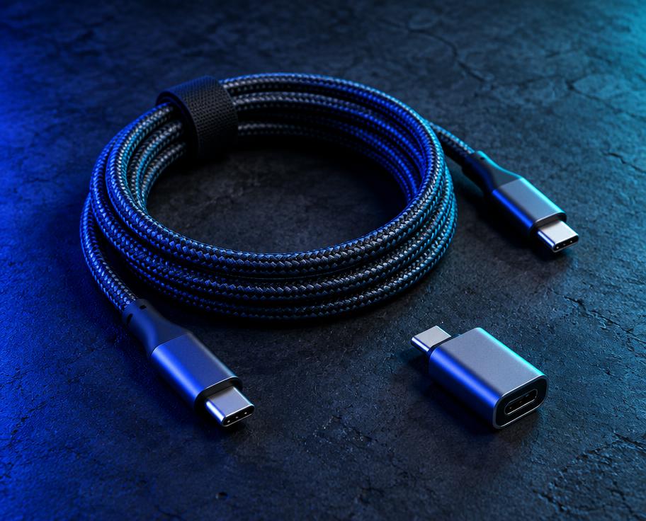 Braided USB-C cable and silver adapter
