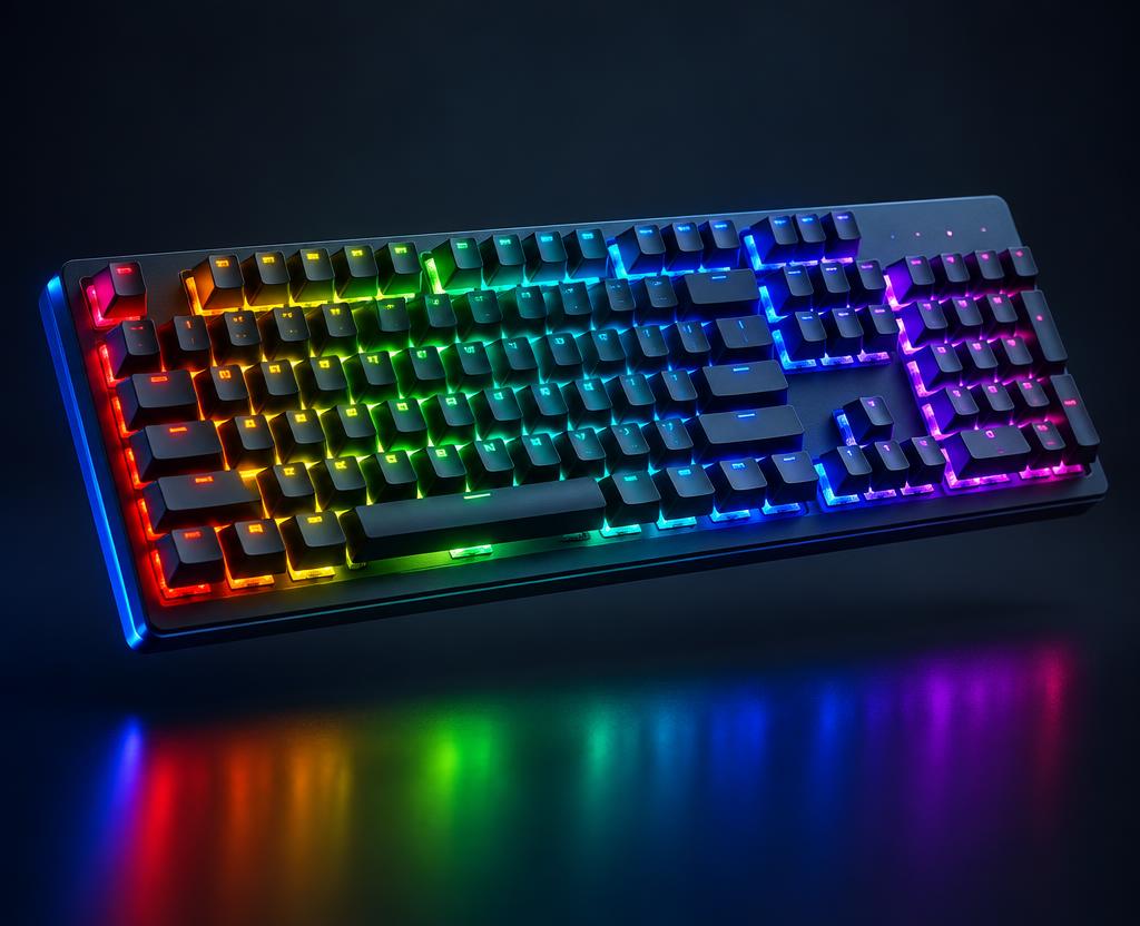 Mechanical gaming keyboard glowing with rainbow RGB lights